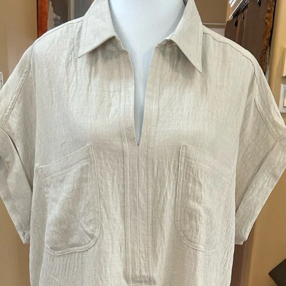 Max Studio Belted Shirt Dress Beige Linen Look Short Sleeve XL NWT - Picture 8 of 9